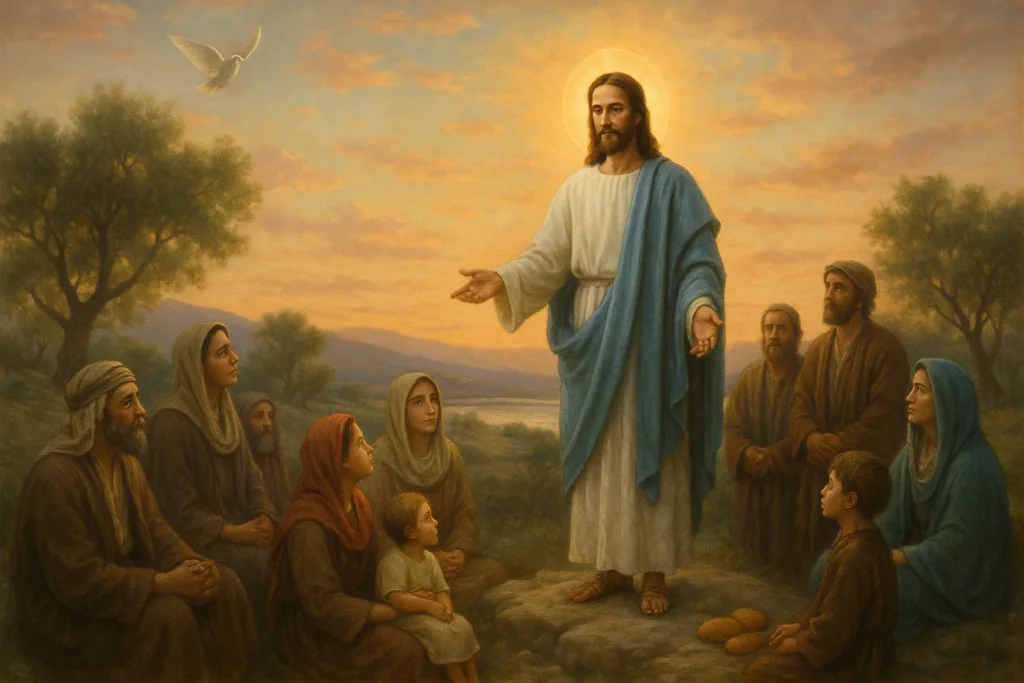 Uma cena bíblica serena e espiritual ao ar livre, ao entardecer. Jesus está em pé sobre uma pequena elevação natural, possui aureola na cabeça, vestindo túnica branca com manto azul claro, com expressão compassiva e solene. Ele está cercado por um grupo de homens, mulheres e crianças, todos atentos e com semblantes tocados por suas palavras. Atrás de Jesus, o céu apresenta um brilho suave dourado e rosado, com nuvens delicadas — sugerindo uma presença divina sutil. Uma leve aura luminosa emana de Jesus. Ao fundo, uma paisagem simples da Galileia: colinas suaves, oliveiras e um lago distante (representando o mar da Galileia). Elementos simbólicos discretos incluem pães no chão ao lado de algumas pessoas e uma pomba pairando ao alto, como símbolo do Espírito Santo. O clima geral é de reverência, revelação e paz espiritual.
