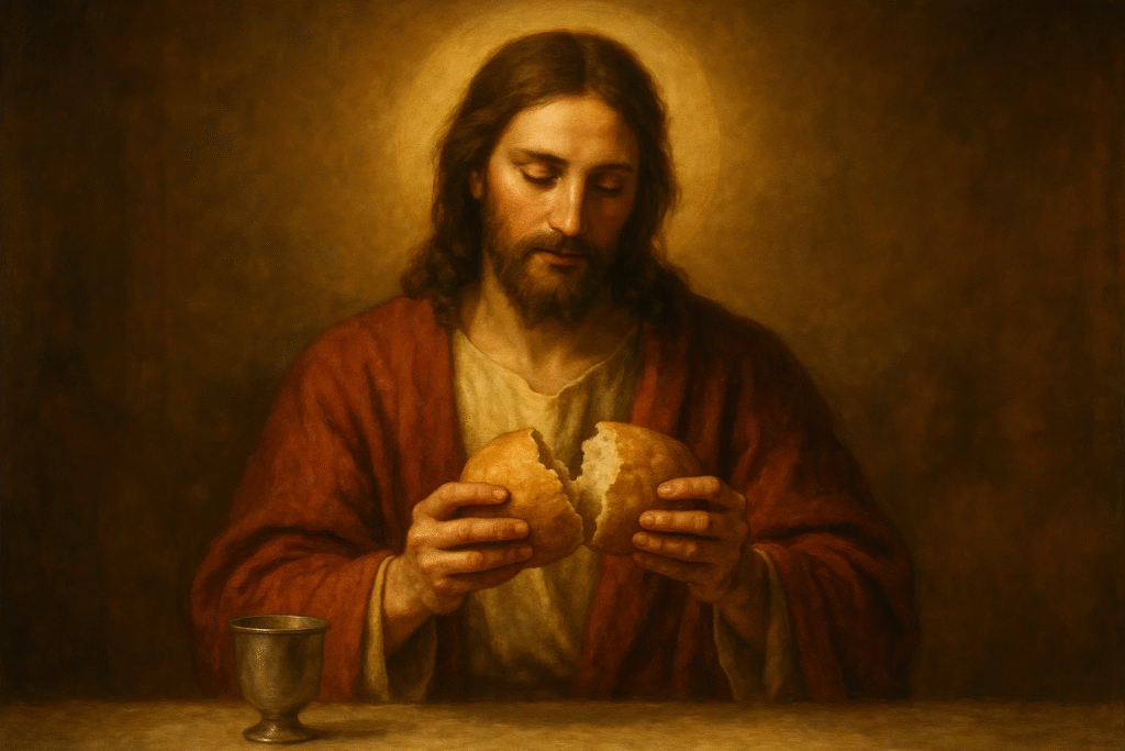 Homilia Diária - Jesus repartindo o pão, consagrando o ato da eucaristia.