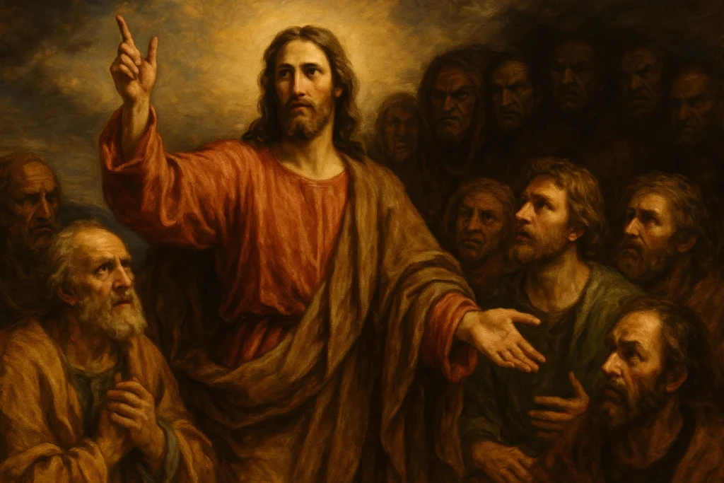 Imagem que retrara a homilia diária de hoje, Jesus conversando com seus discípulos e dizendo "Se o mundo vos odeia, sabei que, antes de vós, odiou a mim", e ao fundo da imagem rostos fechados representando o mundo que o odeia.