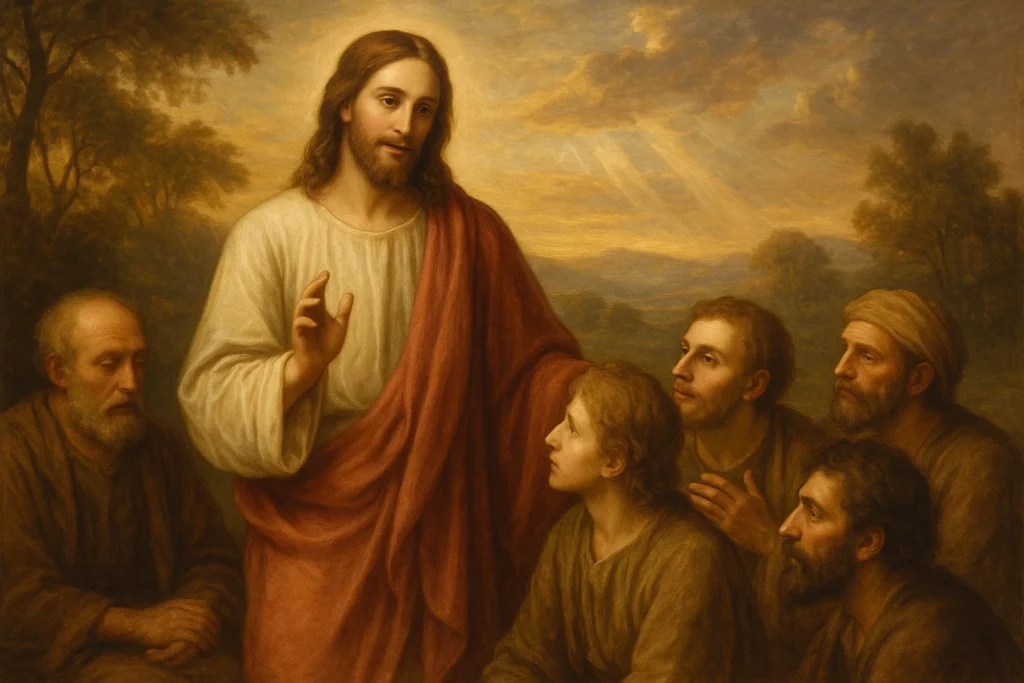 Cena bíblica serena e suave que retrata a homilia diária de hoje, com Jesus em primeiro plano, vestindo túnica branca e manto vermelho, com expressão amorosa, falando a um grupo de discípulos atentos. Atrás, uma paisagem natural com tons dourados de entardecer, árvores ao fundo, raios de luz celestial atravessando suavemente as nuvens. Estilo pintura renascentista, com pinceladas detalhadas, iluminação suave e atmosfera espiritual. Tons quentes e harmônicos predominam. A composição transmite paz, amor e escuta.
