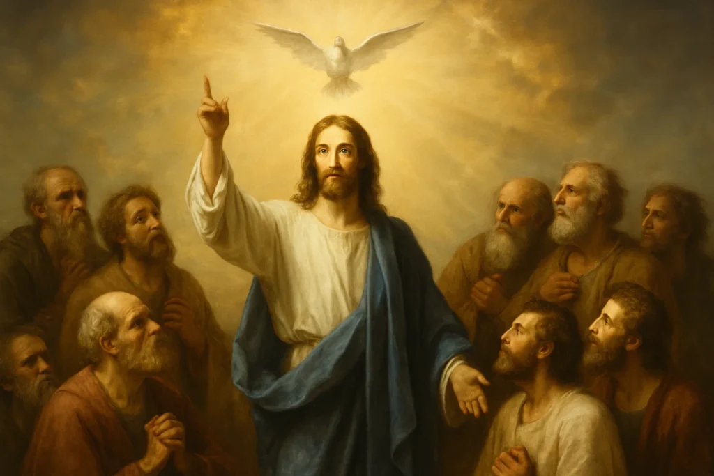 Imagem religiosa da Homilia Diária de João 15,26 até 16,4, com Jesus entre os discípulos e o Espírito Santo descendo como uma pomba iluminada, simbolizando o Defensor prometido.