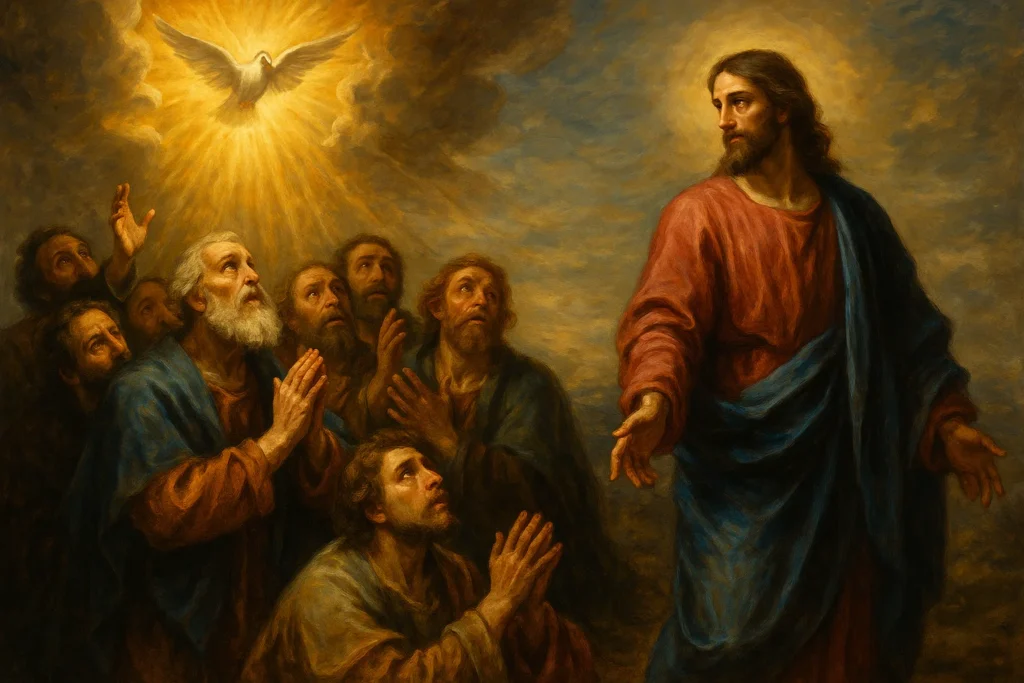 Imagem ilustrativa da Homilia Diária mostrando Jesus se afastando dos discípulos enquanto promete o Espírito Santo, com luz celestial e expressão de consolo.