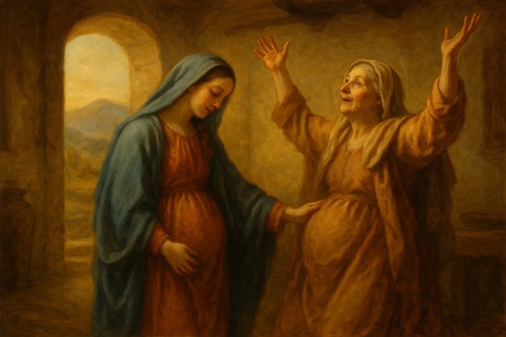 Imagem representando a Visitação de Maria a Isabel, inspirada no Evangelho de Lucas 1,39-56, ideal para artigo de homilia diária.