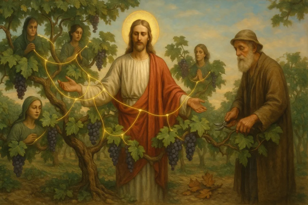 Ilustração espiritual e simbólica do evangelho de João 15, 1-8: Jesus de túnica branca e manto vermelho no centro de um vinhedo exuberante, com ramos verdes saindo de uma videira robusta e frutífera, onde algumas pessoas estão ligadas a Ele por luzes douradas que formam conexões visíveis entre os ramos e Cristo. Em segundo plano, um céu com tons suaves de azul e dourado ao amanhecer. Um agricultor idoso, representando Deus Pai, observa e cuida da videira com uma tesoura de poda, com expressão serena e sábia. Algumas folhas secas ao chão representam os ramos que se afastaram de Cristo. A imagem deve transmitir paz, profundidade espiritual e comunhão com Deus.