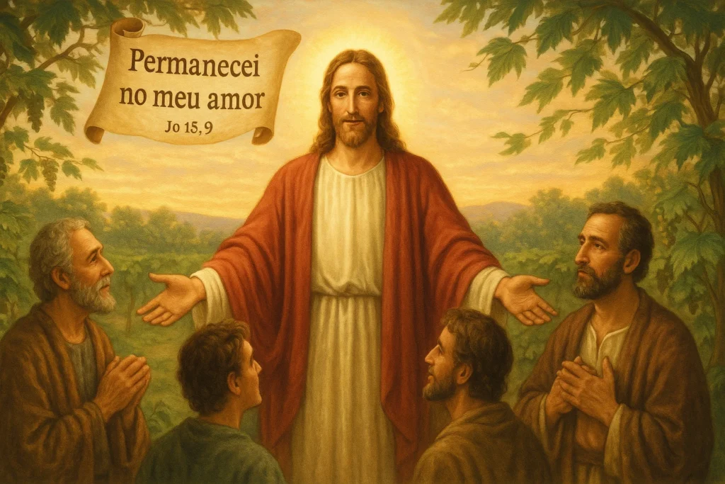 Ilustração católica representando Jesus em um jardim com luz suave ao entardecer, de braços abertos acolhendo discípulos. Um pergaminho flutua com a frase "Permanecei no meu amor" (Jo 15,9). Ao fundo, vinhas verdes e uma leve brisa movimentando as folhas. A cena transmite paz, acolhimento, luz divina e presença do Espírito Santo.