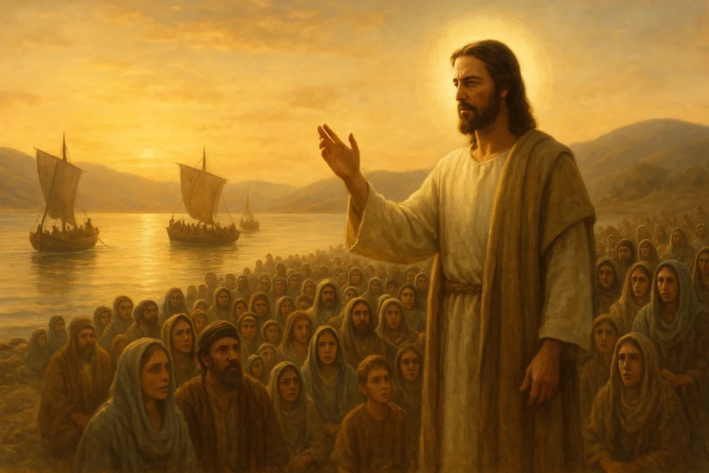 Jesus de pé à beira do Mar da Galileia, com expressão serena e ao mesmo tempo firme, olhando para uma multidão que se aproxima de barcos. O céu está levemente dourado pelo nascer do sol. Ao fundo, pequenas colinas e águas tranquilas refletem a luz suave da manhã. A multidão parece confusa e ansiosa, enquanto Jesus, com o braço direito levemente erguido, transmite autoridade e paz. Ao redor Dele, uma aura suave simbolizando santidade. A imagem deve transmitir espiritualidade, busca interior e o contraste entre o desejo humano por pão material e a presença do alimento eterno que é Cristo. evangelho de João 6, 22-29.
