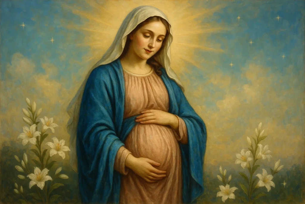 Imagem representando a novena dos 9 meses de nossa senhora. Na Imagem, Nossa Senhora grávida, com expressão serena e acolhedora. Ela está com as mãos sobre o ventre, vestindo um manto azul celestial com véu branco esvoaçante, em um cenário suave e luminoso, com raios de luz dourada ao fundo, simbolizando a presença divina. Ao redor, flores brancas e estrelas discretas no céu, evocando pureza e santidade. A arte tem o objetivo de transmitir paz, esperança e maternidade sagrada.