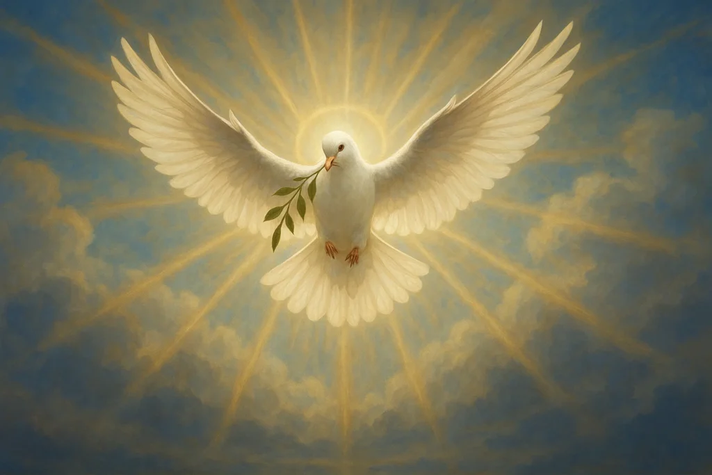 Imagem representando a Oração ao Espírito Santo, com a pomba branca simbolizando a presença divina, cercada por luz celestial, transmitindo paz, sabedoria e força espiritual aos fiéis.
