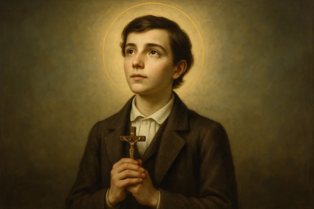 Retrato de São Domingos Sávio, jovem santo católico de cerca de 15 anos, com expressão serena e espiritual. Ele está vestindo roupas simples do século XIX, com um paletó escuro e uma camisa branca, segurando um pequeno crucifixo nas mãos. Ao fundo, uma luz suave e celestial ilumina seu rosto, transmitindo pureza e santidade. Seu olhar está voltado levemente para o céu, com um semblante de devoção e fé. Cabelos curtos e escuros, penteados de forma simples. Um ambiente calmo e sagrado, com tons suaves e atmosfera inspiradora.