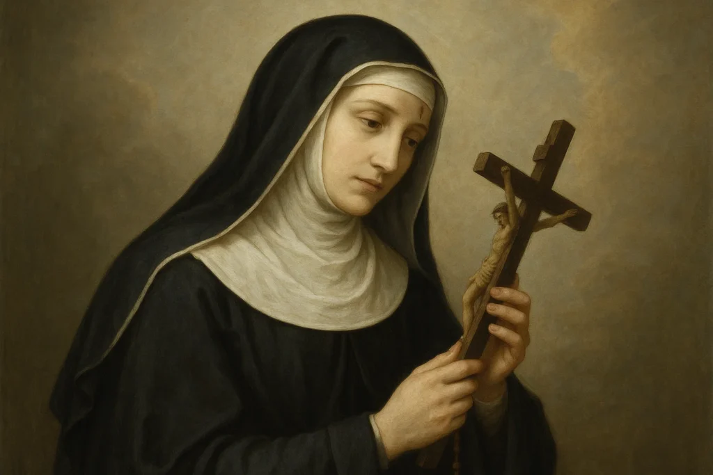 Ilustração de Santa Rita de Cássia com hábito agostiniano, pequena ferida na testa simbolizando a coroa de espinhos ( um pequeno furo com sangue levemente para o lado esquerdo, acima do seu olho esquerdo), segurando e olhando um crucifixo, em fundo suave com luz celestial, expressão serena e devocional, transmitindo fé e esperança. Pintura estilo clássica, realista, Atmosfera sagrada e silenciosa, com tons suaves e detalhes medievais, transmitindo santidade, coragem e paz.