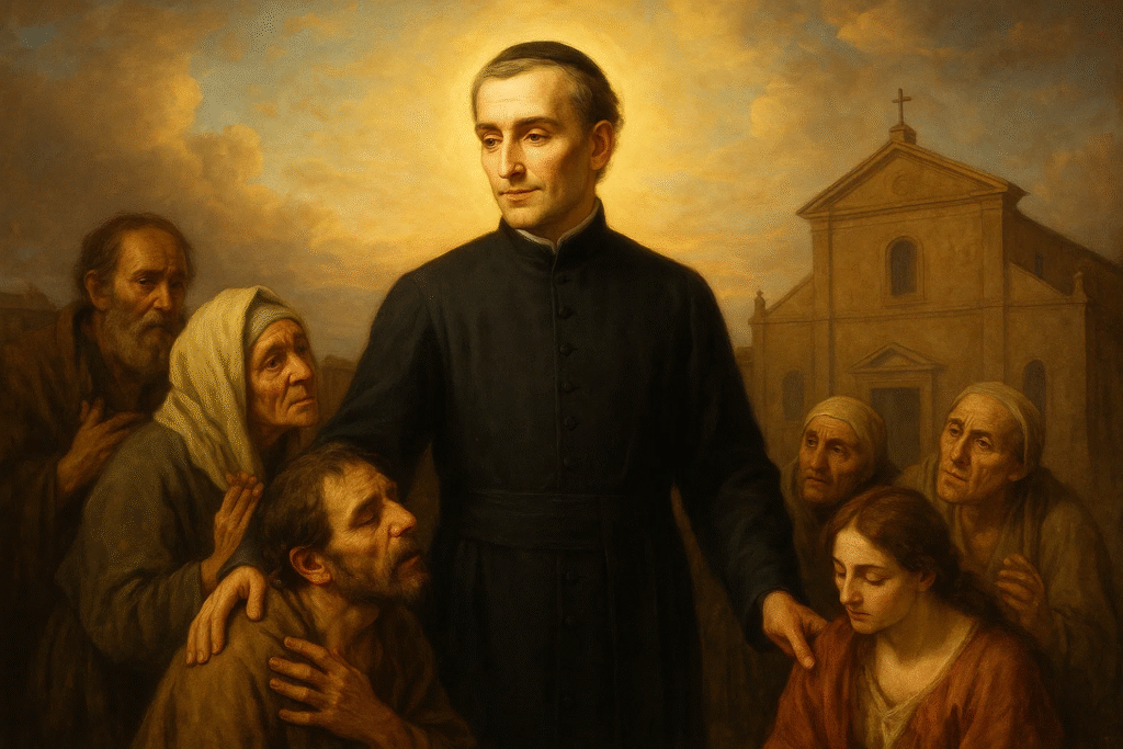 Imagem que retrata o santo do dia 23 de maio, S. João Batista de Rossi, santo italiano do século XVIII, com rosto sereno e olhar compassivo, usando batina preta, cercado por pobres, doentes e pecadores. Ao fundo, uma igreja simples em Roma, com luz celestial tocando suavemente seu rosto. Céu com cores quentes, luz divina.
