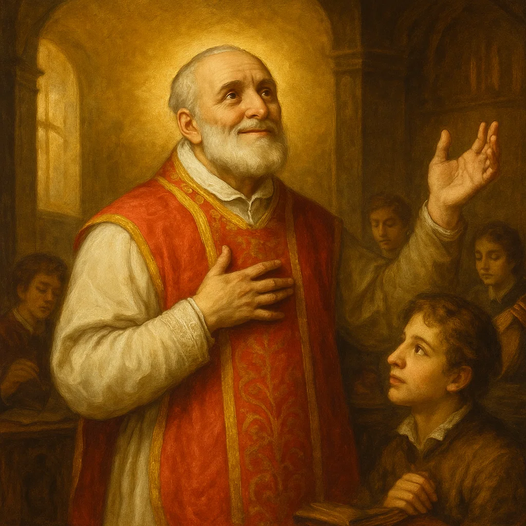 Santo do dia São Felipe Neri sorrindo com expressão serena, vestindo hábito sacerdotal, segurando um rosário e rodeado por jovens, representando sua alegria, fé e missão com a juventude.