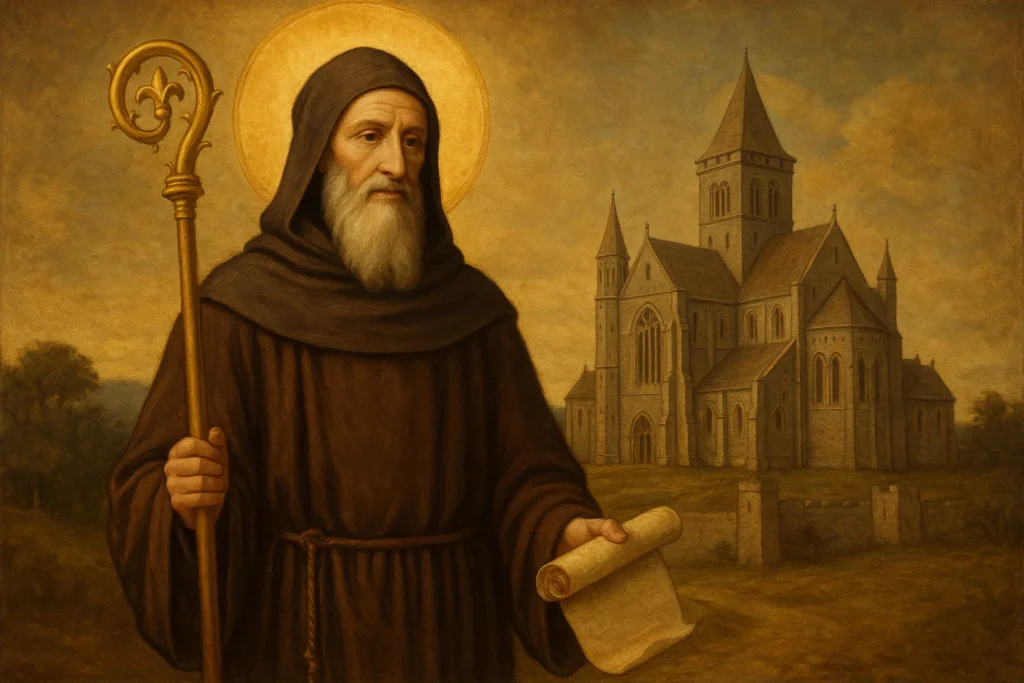 Retrato de Santo Agostinho de Cantuária, Santo do dia 27 de maio, vestindo hábito beneditino e segurando cajado pastoral, símbolo da missão cristã na Inglaterra.