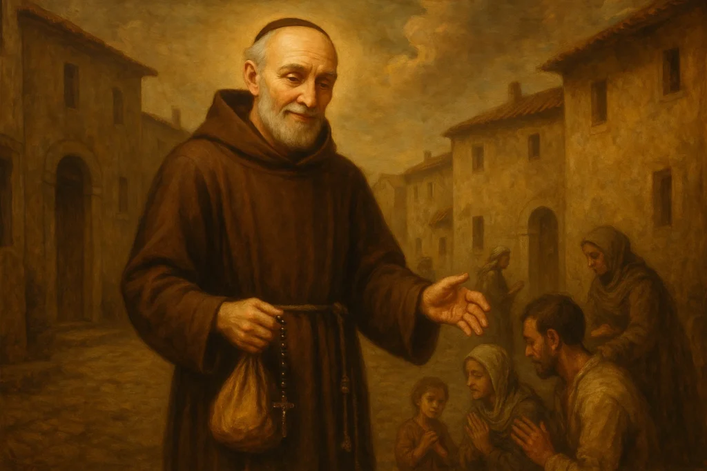 São Félix de Nicósia, o Santo do dia 31 de maio, vestido com o hábito capuchinho, segurando um rosário, em expressão serena e humilde.