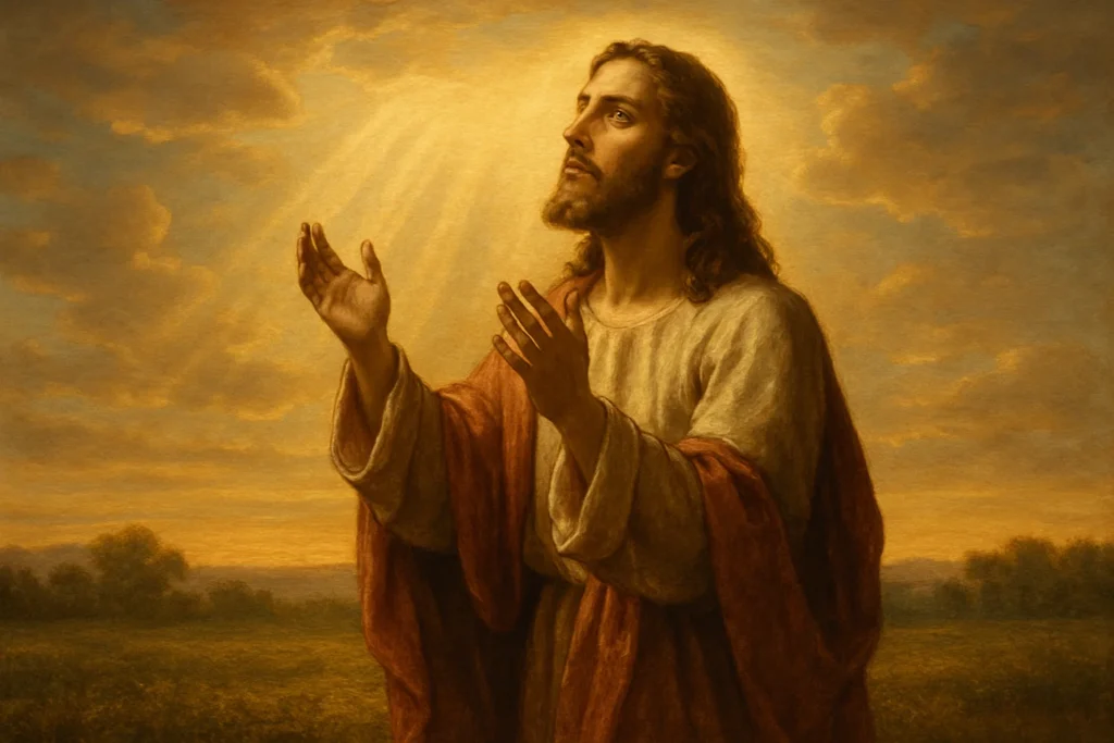 Ilustração realista de Jesus orando sob o céu dourado, simbolizando a mensagem da Homilia Diária do Evangelho de João 17,20-26.