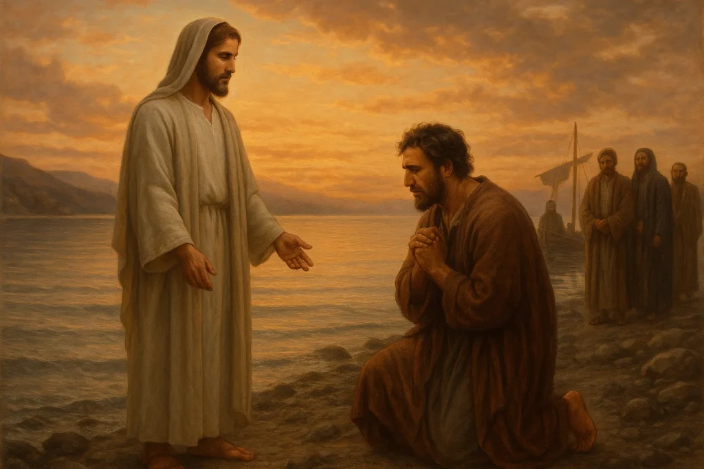 Ilustração clássica de Jesus e Pedro à beira do mar, representando o Evangelho do Dia (João 21,15-19), com foco no chamado ao amor e serviço, conforme a homilia diária de Padre Mario Sartori.