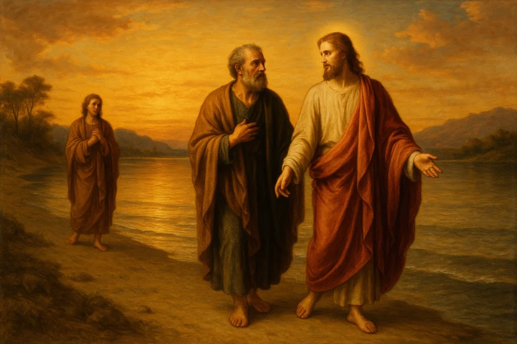 Imagem representando a Homilia Diária com Jesus, Pedro e João à beira-mar, baseada no Evangelho do Dia João 21, 20-25, com explicação do Padre Mario Sartori – pregação católica, reflexão do evangelho, palavra diária, mensagem bíblica, liturgia do dia, leitura orante, evangelho comentado, meditação católica, ensinamento diário, palavra de fé.