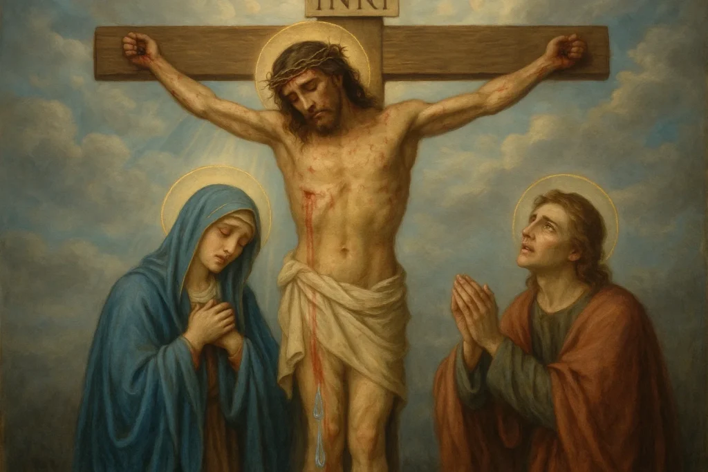 Cena de Jesus crucificado no Calvário, com Maria e João aos seus pés, representando o Evangelho do Dia em João 19,25-34, explicado por Padre Mario Sartori. Usado para artigo da Homilia Diária com foco em fé, cruz e maternidade espiritual.