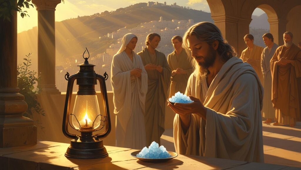 Imagem representando o Evangelho do Dia com Jesus ensinando sobre ser sal da terra e luz do mundo, conforme a Homilia Diária explicada pelo Padre Mario Sartori.