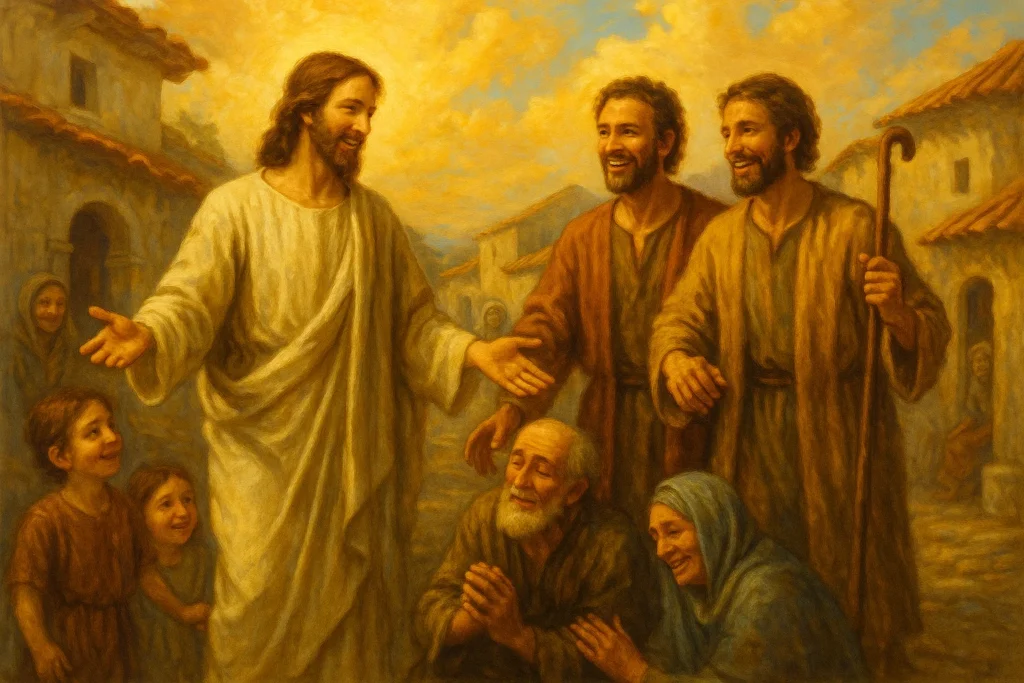 Ilustração católica da homilia diária, representando Jesus enviando seus discípulos de dois em dois, andando por um vilarejo simples, com crianças, idosos e pessoas doentes sendo curadas, céu claro e elementos como cajado, túnica simples e paz reinando. Cores suaves, rostos sorridentes e expressão de amor. transmitindo simplicidade, missão e alegria cristã.