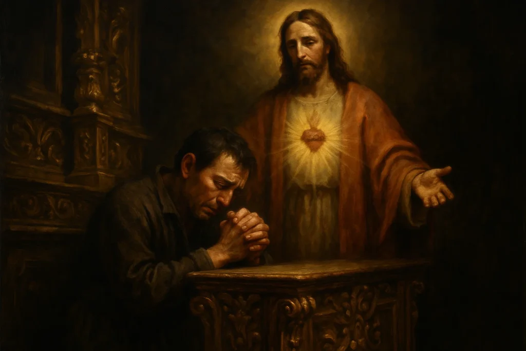 Pintura realista em estilo barroco de um homem ajoelhado em oração diante de altar, com Cristo ao fundo. Representa Homilia Diária e Evangelho do Dia (Mateus 5, 20-26), conforme explicação do Padre Mario Sartori, destacando reconciliação e perdão como justiça divina.