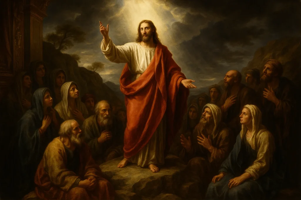 Imagem em estilo barroco representando Jesus no sermão da montanha, ensinando o Evangelho do Dia. A cena mostra o Salvador em posição central, iluminado por luz divina, cercado por ouvintes atentos. Ideal para ilustrar a Homilia Diária de Mateus 5, 27-32 com base na explicação do Padre Mario Sartori.
