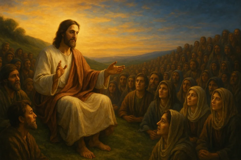 Imagem para homilia diária com Jesus ensinando em Mateus 5, 38-42; foco no Evangelho do Dia com estilo cristão, reflexivo, detalhado; presença de elementos visuais inspirados na mensagem de Padre Mario Sartori.