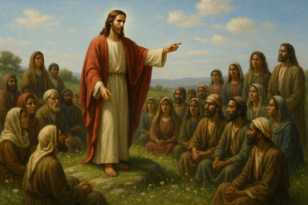 Representação realista do Evangelho do Dia com Jesus no Sermão da Montanha, ensinando sobre o amor aos inimigos, tema central da Homilia Diária de 17 de junho. A cena mostra Jesus de pé sobre uma colina, cercado por discípulos e fiéis atentos, sob um céu azul claro. A imagem reflete o conteúdo da pregação do Padre Mario Sartori, destacando a profundidade do amor cristão e o chamado à perfeição espiritual. Elementos visuais reforçam o contexto bíblico e a atmosfera de escuta e conversão. Ideal para ilustrar uma reflexão católica sobre Mateus 5, 43-48.