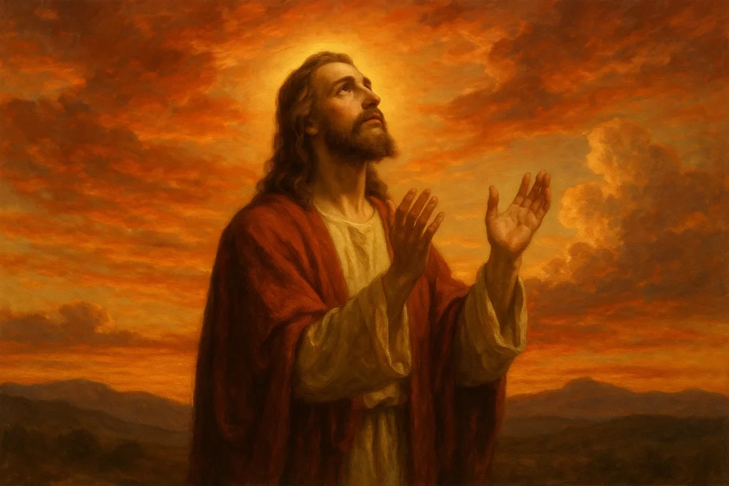 Jesus em oração no Evangelho de João 17,1-11, tema da Homilia Diária de 03 de junho, refletindo a entrega e unidade com o Pai.