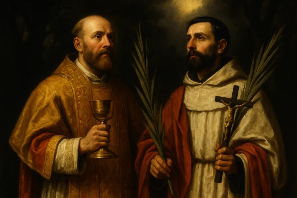 Representação sacra de São Marcelino e São Pedro Mártir, o santo do dia 31 de maio, vestindo túnicas litúrgicas vermelhas e brancas, com elementos simbólicos do martírio como o cálice e o crucifixo, iluminados por luz celestial em meio a uma floresta escura, evocando o cenário de seu testemunho de fé durante a perseguição romana.