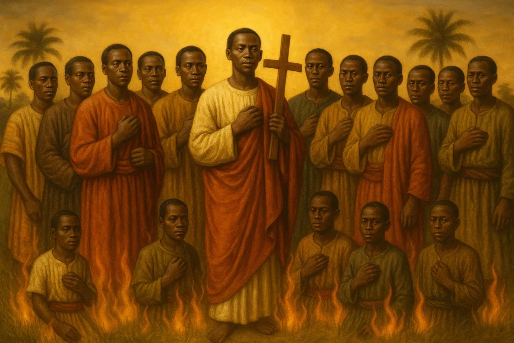 Imagem representando o Santo do dia Santos Carlos Lwanga e Companheiros com trajes africanos, luz dourada ao fundo e expressão de serenidade diante do martírio.