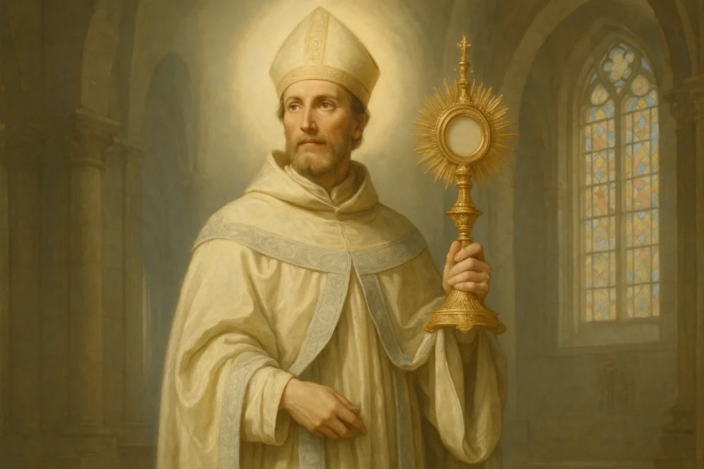 Representação sacra de São Norberto, o Santo do Dia 06 de junho, vestindo hábito branco e segurando um ostensório dourado, em uma igreja com vitrais iluminados, simbolizando sua forte devoção à Eucaristia e sua missão como apóstolo do Santíssimo Sacramento.