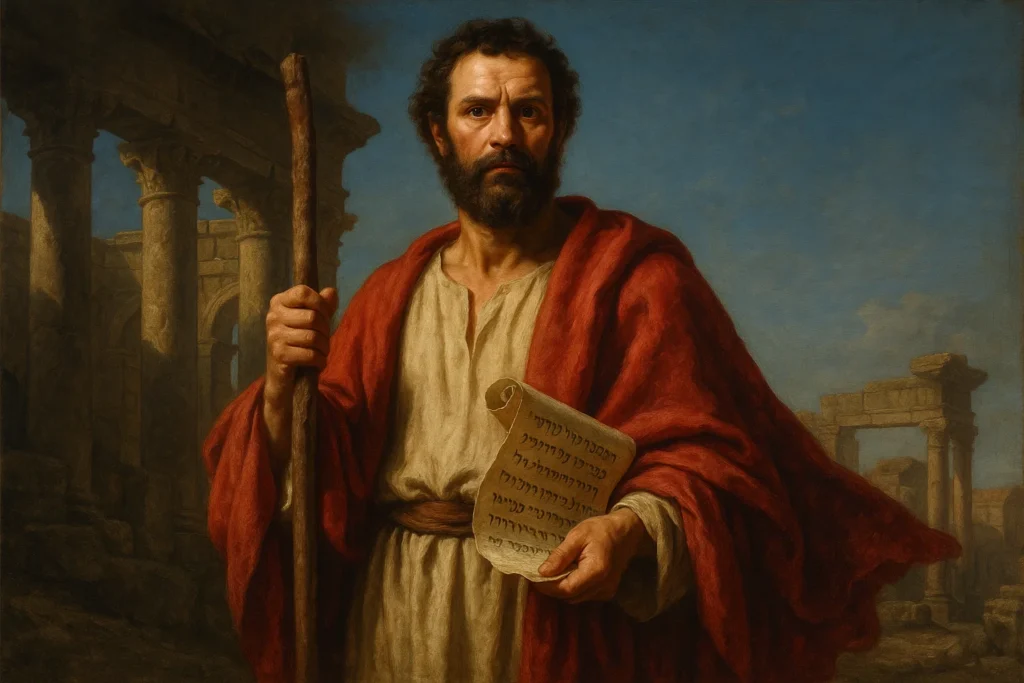 Santo do dia 11 de Junho - São Barnabé - Apóstolo de Jesus e exemplo de Acolhimento, Coragem e Generosidade. Com um cajado e pergaminho nas mãos. Ao fundo, ruinas simbolizando as cidades romanas.